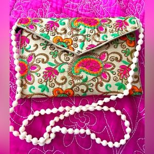 Embroidered crossbody party bag with zipper and clutch